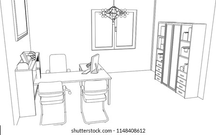 interior outline sketch drawing perspective of a space office.Workplaces . Tables, chairs and windows. Vector illustration in a sketch style.