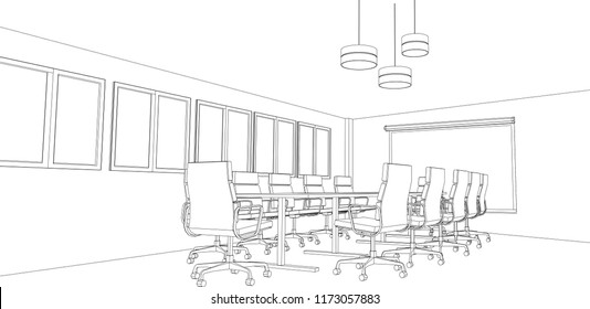 interior outline sketch drawing perspective of a space office.Workplaces . Tables, chairs and windows. Vector illustration in a sketch style.
