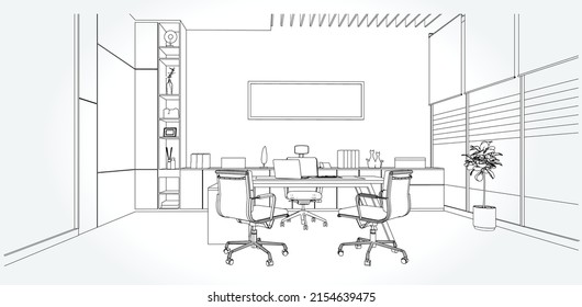 interior outline sketch drawing perspective space office Workplaces   Tables  chairs   windows  Vector illustration in sketch style 