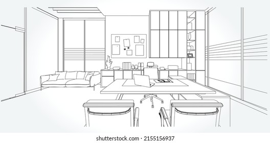 interior outline sketch drawing perspective of a space office.Workplaces . Tables, chairs and windows. Vector illustration in a sketch style.