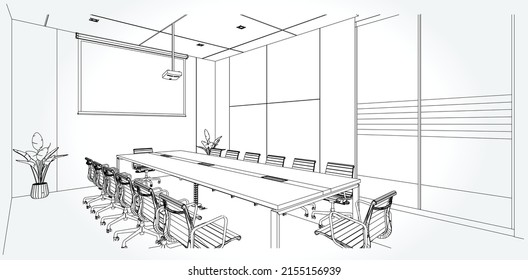 interior outline sketch drawing perspective of a space office.Workplaces . Tables, chairs and windows. Vector illustration in a sketch style.