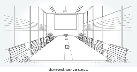 interior outline sketch drawing perspective of a space office.Workplaces . Tables, chairs and windows. Vector illustration in a sketch style.