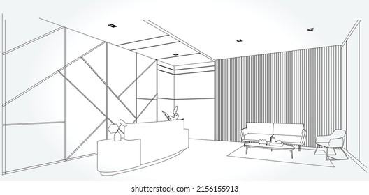 perspectiva de dibujo de esquema interior de una oficina de espacio.Lugares de trabajo. Mesas, sillas y ventanas. Ilustración vectorial en un estilo de esbozo.