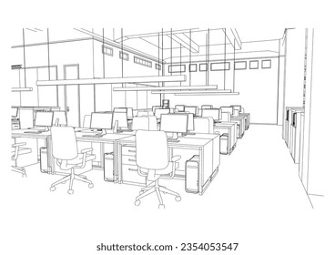 interior outline sketch drawing perspective of a space office