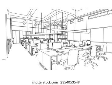 interior outline sketch drawing perspective of a space office