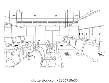 perspectiva de dibujo de esquema interior de una oficina espacial