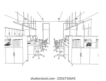 interior outline sketch drawing perspective of a space office