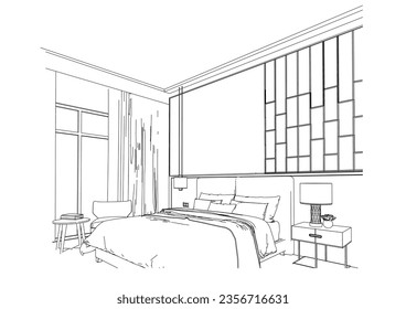 interior outline sketch drawing perspective of a bedroom