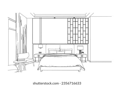 interior outline sketch drawing perspective of a bedroom