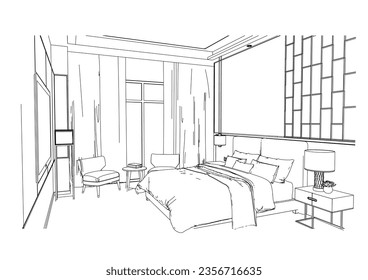 interior outline sketch drawing perspective of a bedroom