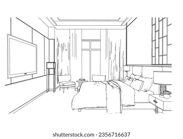 interior outline sketch drawing perspective of a bedroom