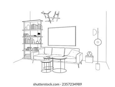 interior outline sketch drawing perspective of a space office