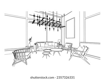 perspectiva de dibujo de esquema interior de una recepción de espacio,zona de asiento