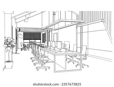 interior outline sketch drawing perspective of a space office