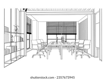 interior outline sketch drawing perspective of a space office
