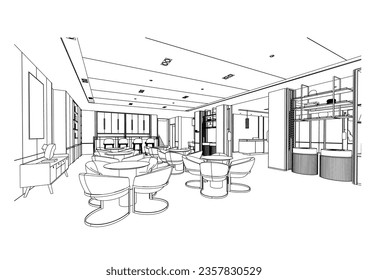 interior outline sketch drawing perspective of lounge bar