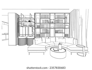 interior outline sketch drawing perspective of lounge bar