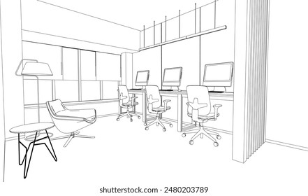 interior outline sketch drawing perspective of a space office or studio