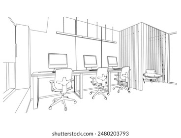 boceto de esquema interior dibujo perspectiva de una oficina espacial o estudio