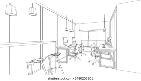 boceto de esquema interior dibujo perspectiva de una oficina espacial o estudio