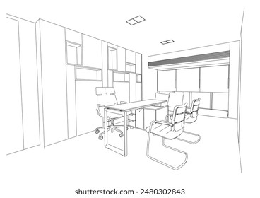 boceto de contorno interior dibujando la perspectiva de una habitación de supervisor de espacio