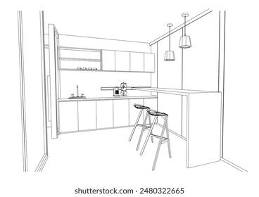 interior outline sketch drawing perspective of a pantry,tearoom,tea station