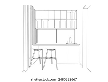 interior outline sketch drawing perspective of a pantry,tearoom,tea station