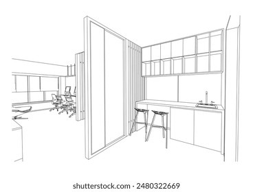 interior outline sketch drawing perspective of a pantry,tearoom,tea station