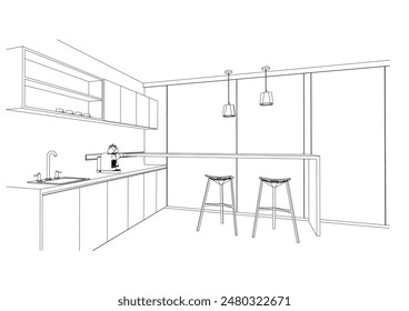 interior outline sketch drawing perspective of a pantry,tearoom,tea station