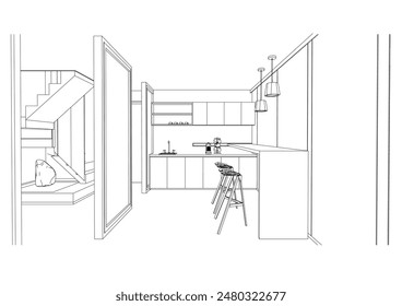 interior outline sketch drawing perspective of a pantry,tearoom,tea station