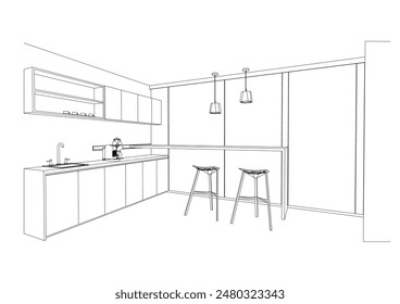 interior outline sketch drawing perspective of a pantry,tea room,tea station