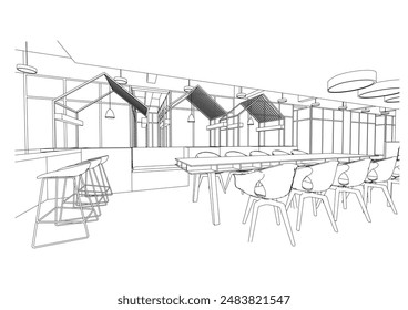 interior outline sketch drawing perspective of a rest area,co-working space