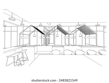 interior outline sketch drawing perspective of a rest area,co-working space