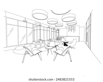 interior outline sketch drawing perspective of a rest area,co-working space