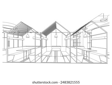 interior outline sketch drawing perspective of a rest area,co-working space