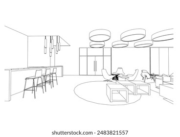 interior outline sketch drawing perspective of a rest area,co-working space