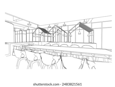 interior outline sketch drawing perspective of a rest area,co-working space