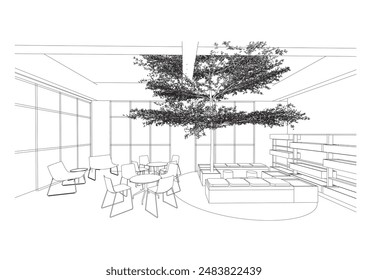 interior outline sketch drawing perspective of a terrace,rest area