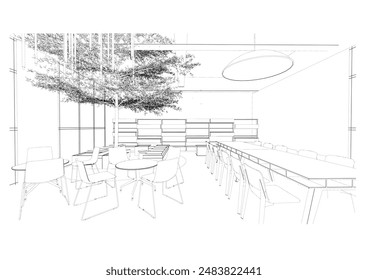 boceto del contorno interior dibujando la perspectiva de una terraza, área de descanso