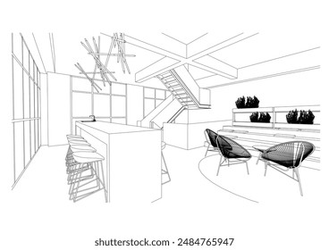 interior outline sketch drawing perspective of a rest area
