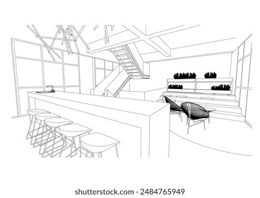 interior outline sketch drawing perspective of a rest area