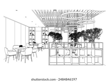interior outline sketch drawing perspective of a rest area