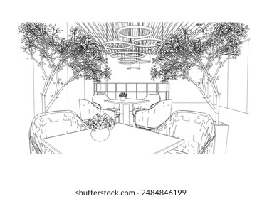 interior outline sketch drawing perspective of a rest area