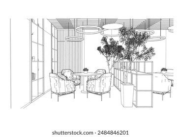 interior outline sketch drawing perspective of a rest area