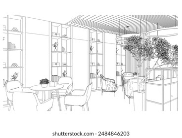 interior outline sketch drawing perspective of a rest area