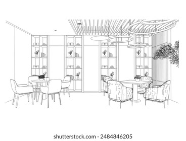 interior outline sketch drawing perspective of a rest area