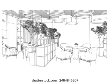 interior outline sketch drawing perspective of a rest area