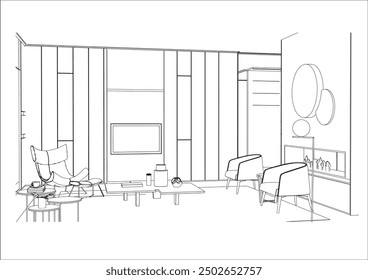 interior outline sketch drawing perspective of a living room