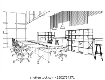 interior outline sketch drawing perspective of a office
