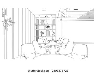 interior outline sketch drawing perspective of a reception area